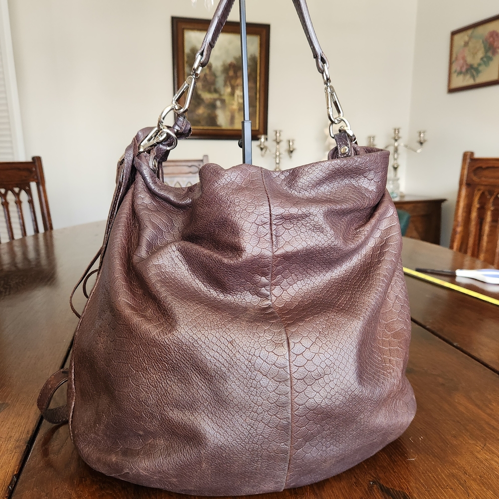 GIANNI CHIARINI Brown Reptile Leather Large Hobo Bag Italy Convertible Luxe EUC - Picture 3 of 10